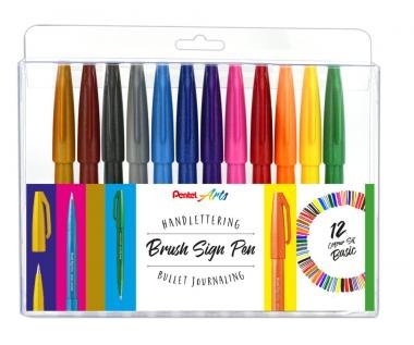 Pentel ecsettoll kalligrafikus hajlékony hegyű Brush Sign Pen 12 db-os - sötétebb színek